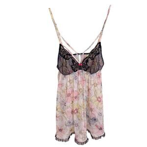 Victoria Secret Babydoll Top Open Back Floral Mesh Black Lace Lingerie Large L